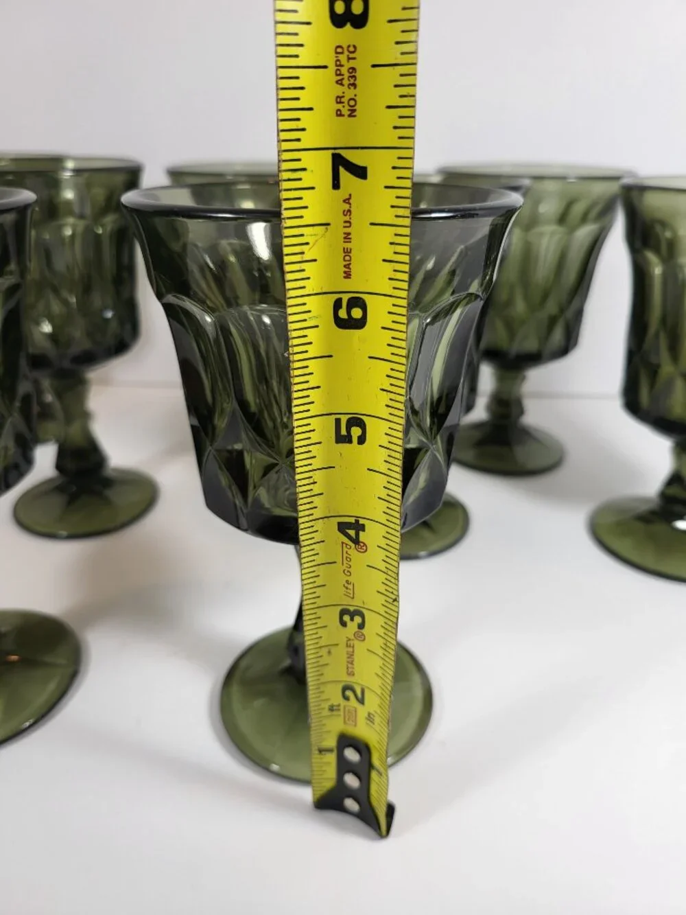 Set of 9(5 Water,4 Wine)1970s Mid Century Modern Avocado Green Pressed Glass Ste